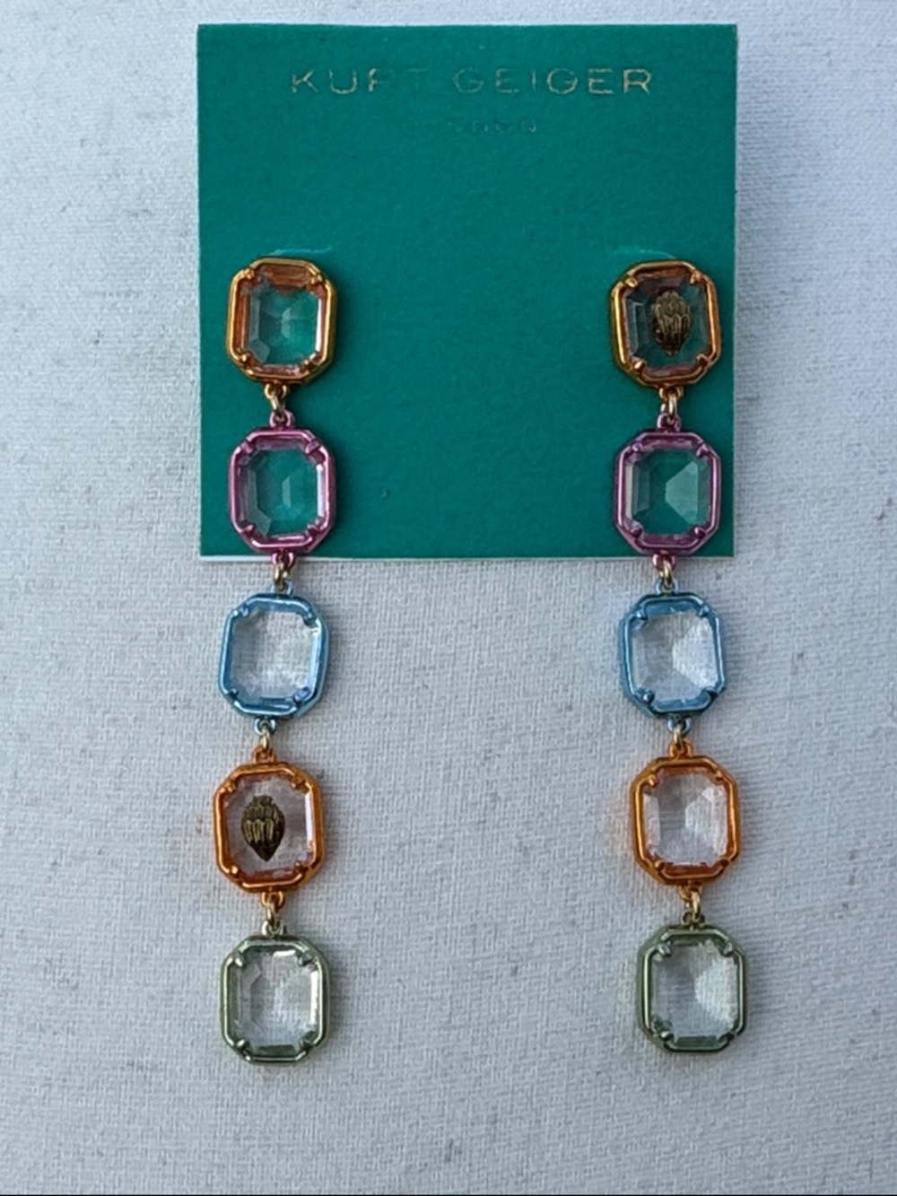 Kurt Geiger London RARE NWT Eagle Head multicolor crystal linear drop earrings